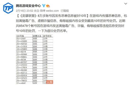 《英雄联盟》8万多个账号被封10年 因发布恶意信息