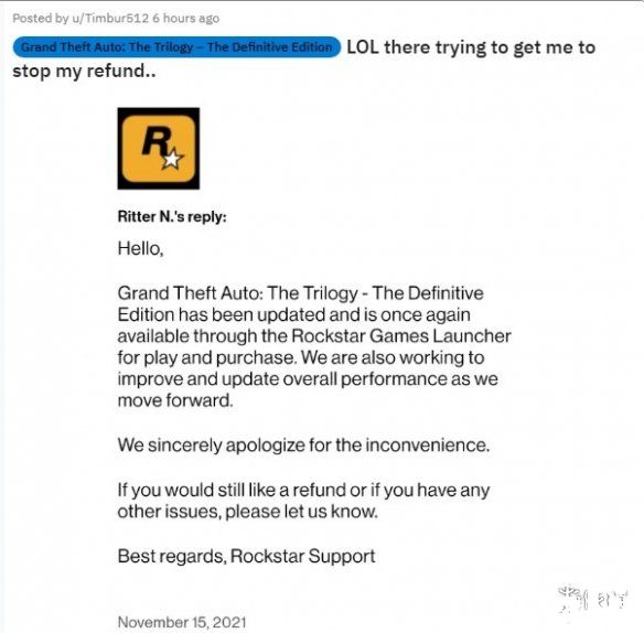 《GTA:三部曲》R星回避退款问题，游戏有史以来评分最低