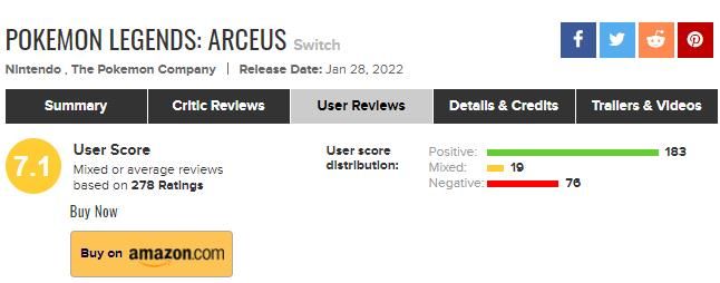 《宝可梦传说：阿尔宙斯》媒体评分解禁，综合评分7.1分！