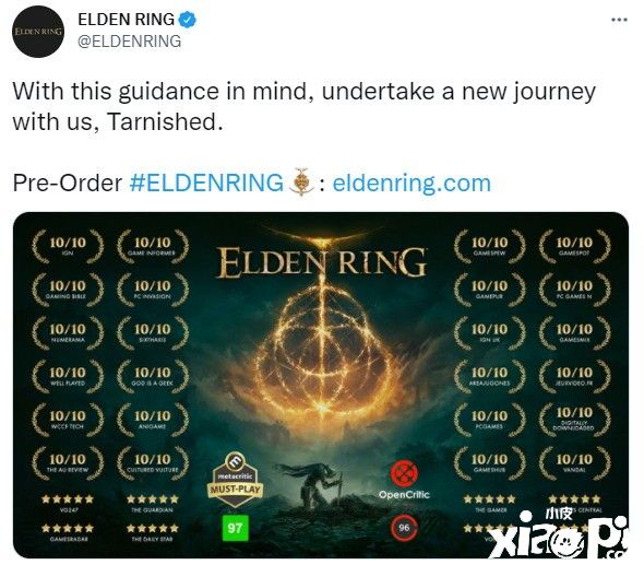 官推分享《艾尔登法环》媒体满分截图，满满的荣誉感！