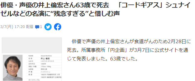 曾出演《反叛的鲁路修》的知名声优井上伦宏因病去世