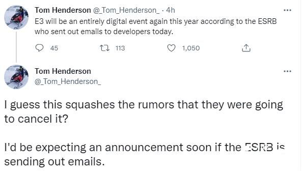 Tom Henderson：ESRB已发邮件确认E3线上举行