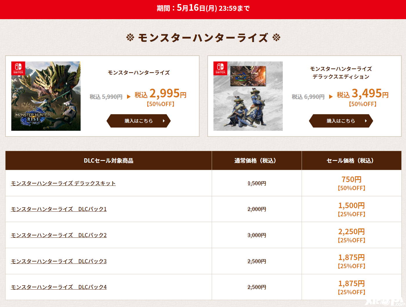 《怪物猎人崛起》日服eshop半价优惠正式开启，活动截止到5月16日！