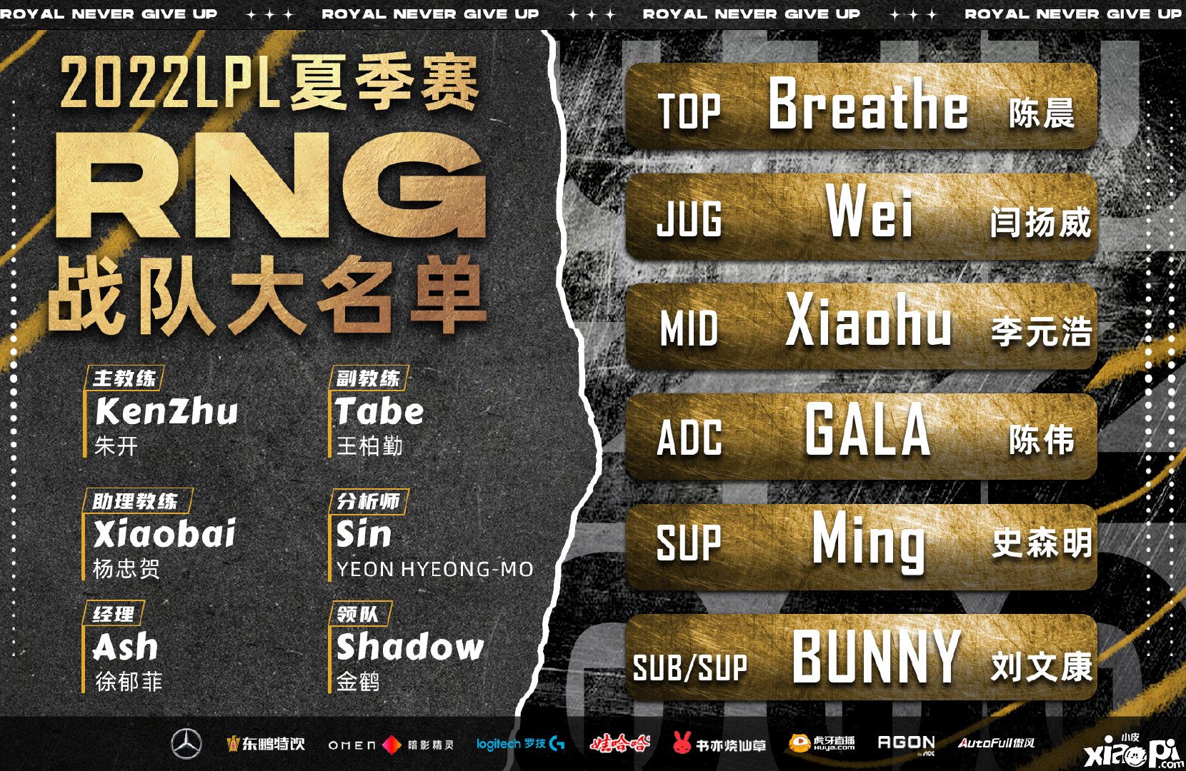 《英雄联盟》RNG战队官宣选手Bin正式离队，全新战队名单公布！