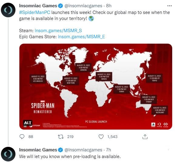 《漫威蜘蛛侠：重制版》PC版解锁时间图公布，亚洲地区8月12日发售！