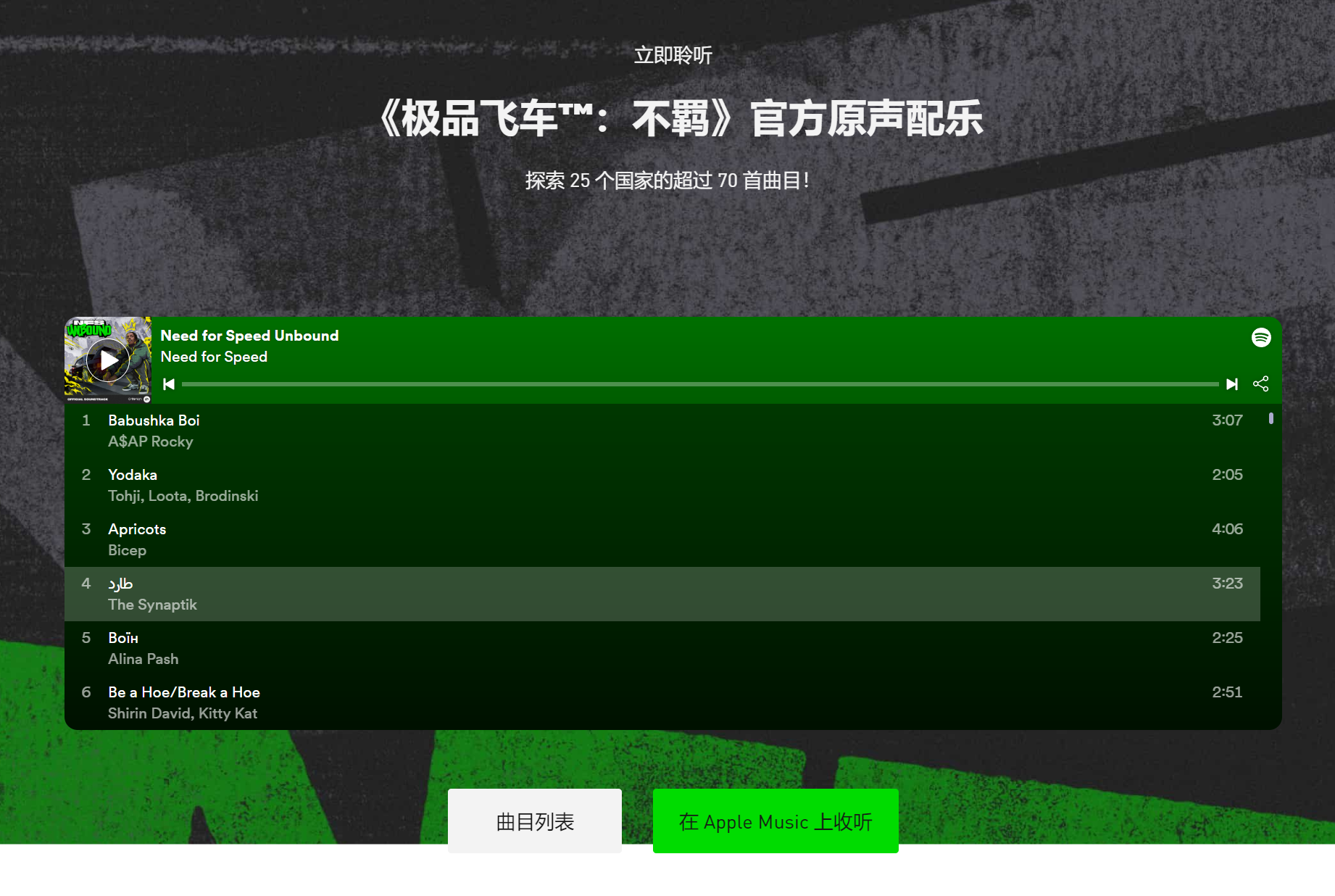 《极品飞车22：不羁》原声配乐歌单公开，现已上架Spotify！