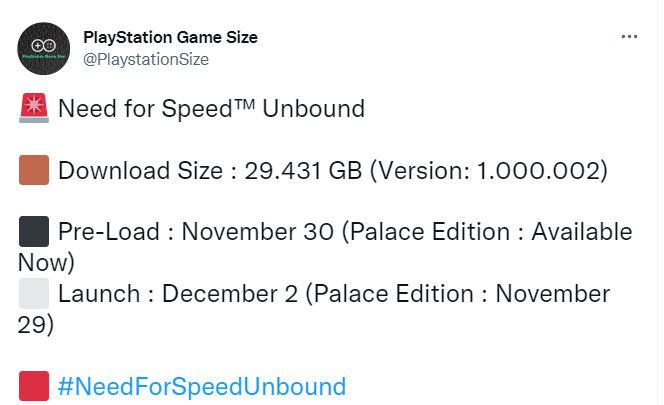 《极品飞车22》PS5版容量曝光，游戏本体加更新仅需要约29.5GB！